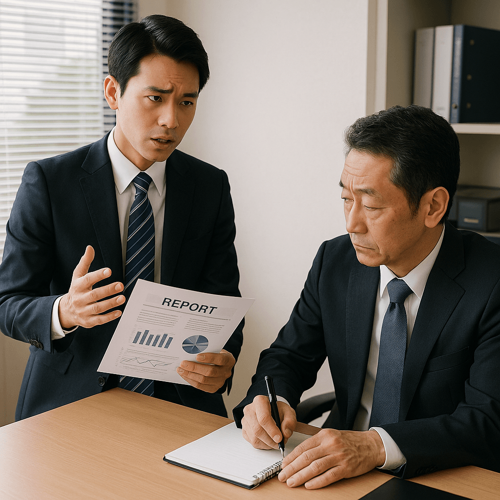 上司に極端な思想を持つ同僚について報告する場面