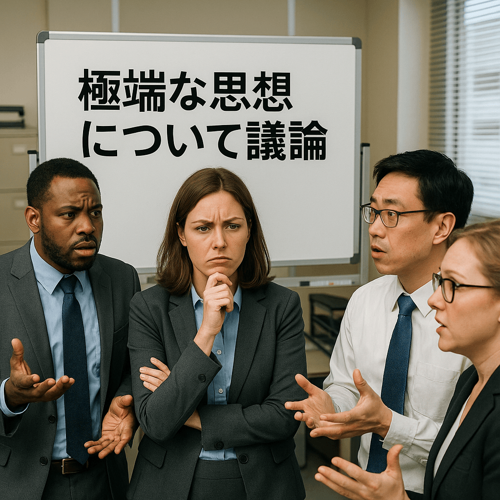 公務員のオフィスで、政治的な議題が書かれたホワイトボードを前に議論する職員たちの様子。