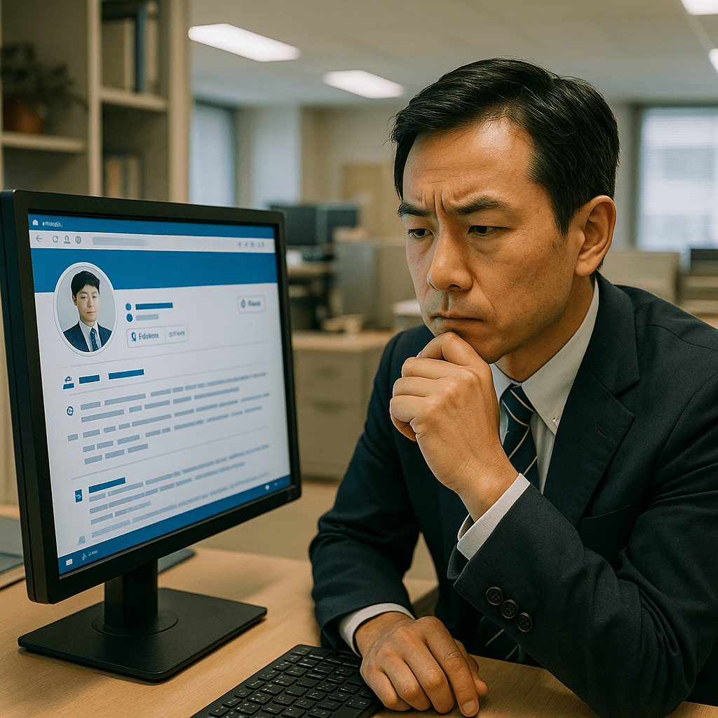 SNSのプロフィール画面を見ている公務員。