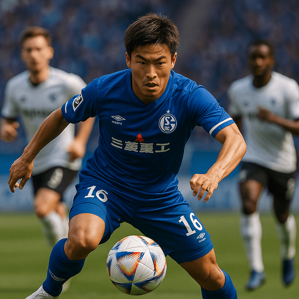 斉藤未月が試合中にボールを奪取する瞬間。彼の集中力とエネルギーが伝わるシーン。