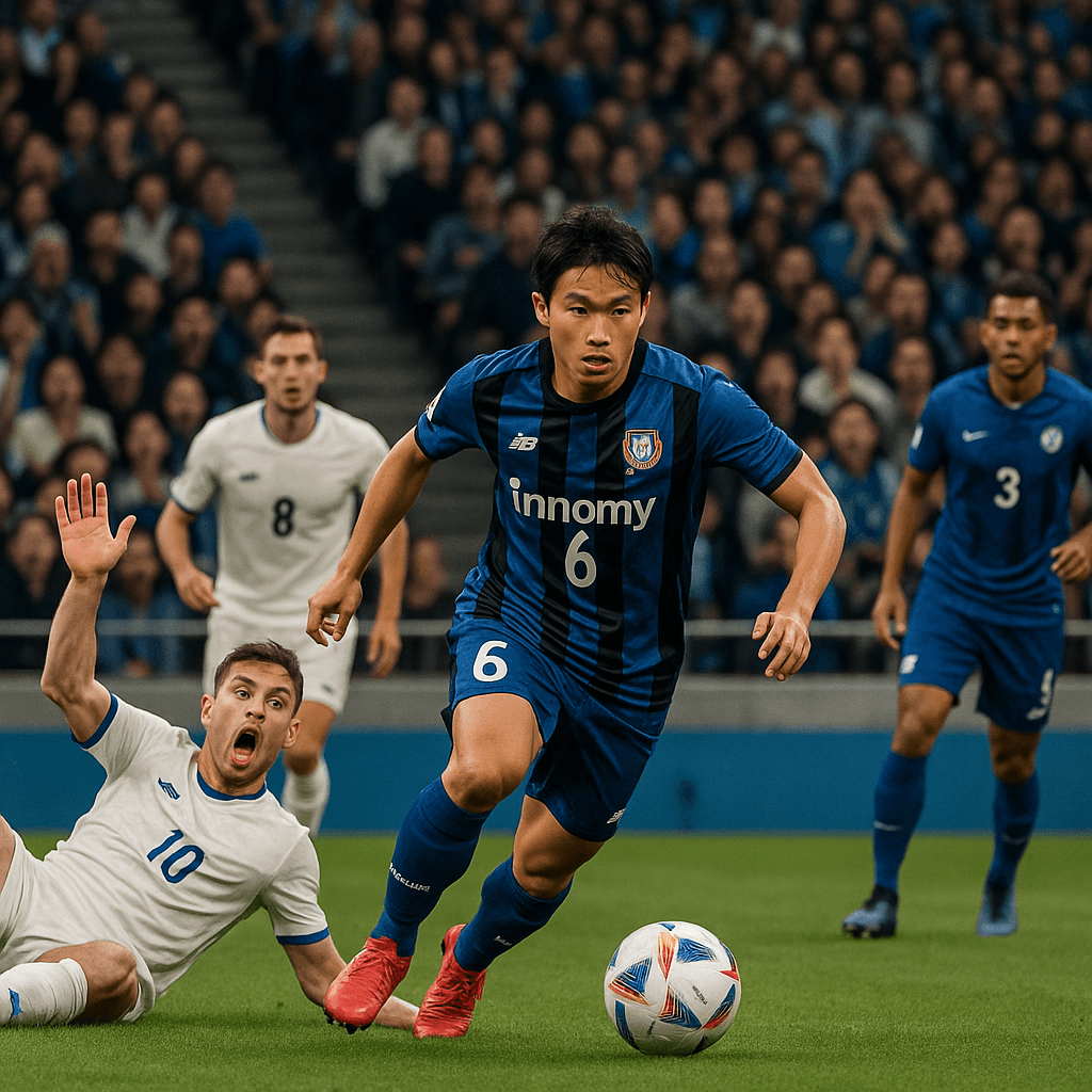 斉藤未月選手がプレイする中、不自然に相手選手が転んでいるサッカーの試合シーン。