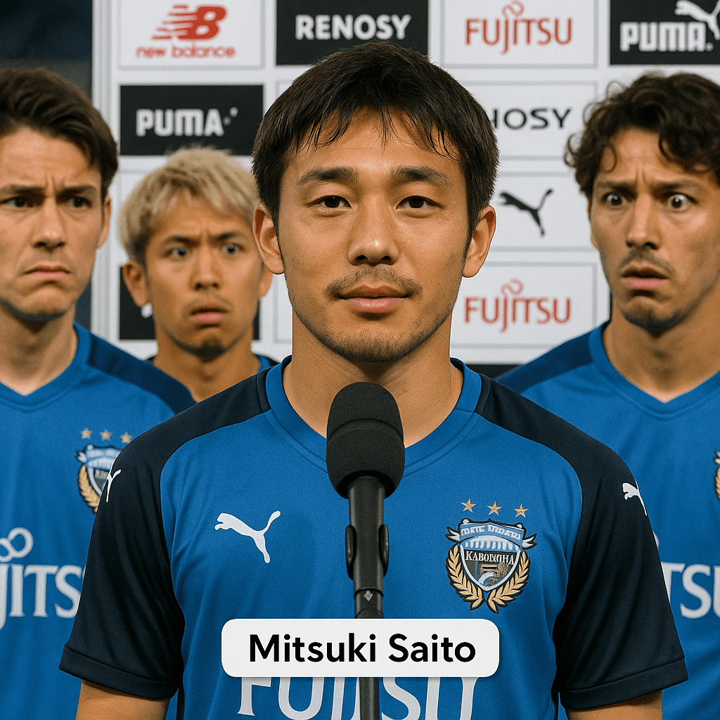 インタビューを受ける斉藤未月選手と、その様子を不思議そうに見つめるチームメートたち。