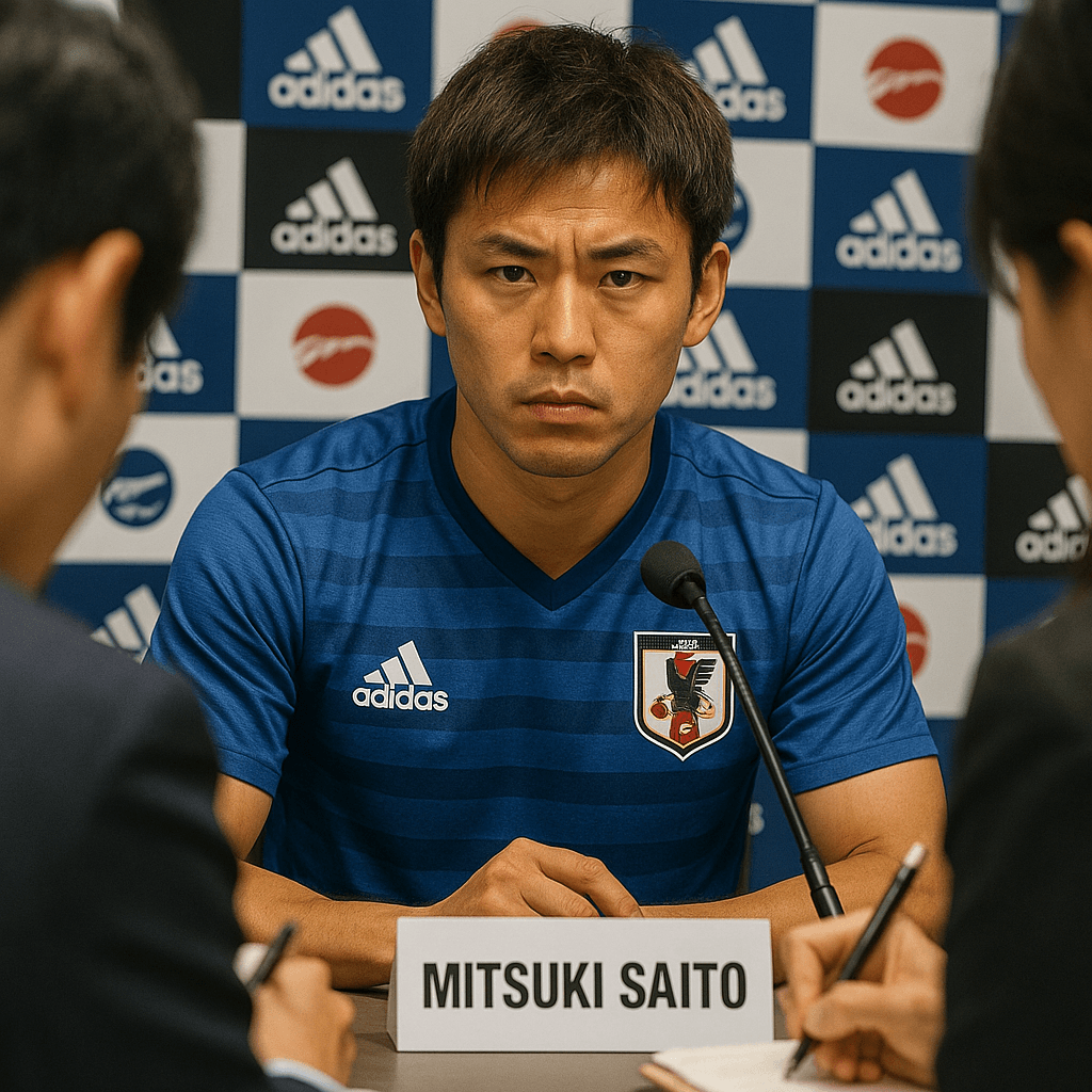 記者会見で噂について質問を受ける斉藤未月選手とそれを記録する記者たち。
