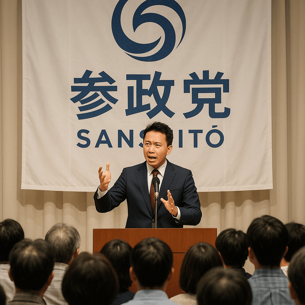 参政党の神谷代表が演説する様子。背景には党のロゴがあり、観衆が集まっている。