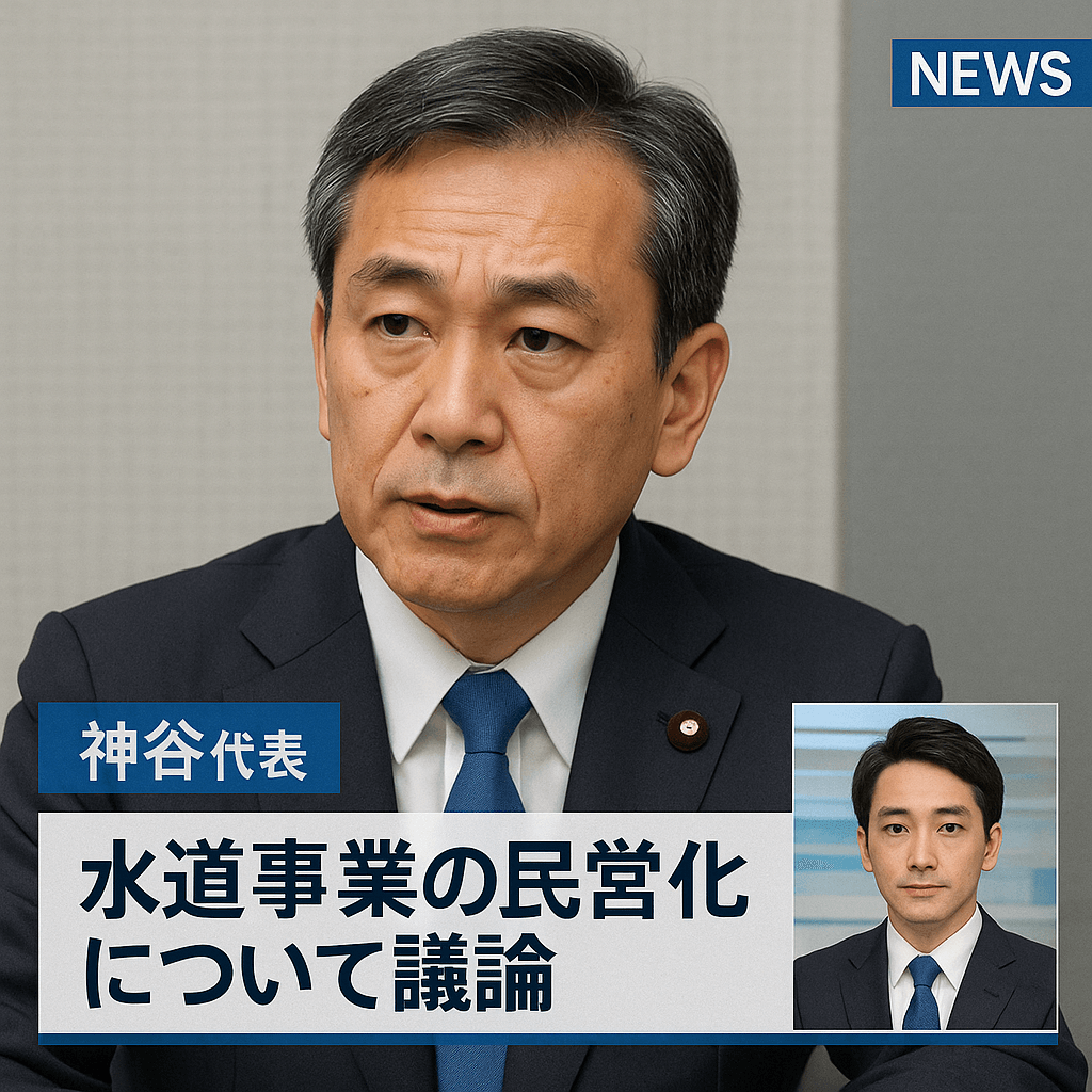 神谷代表がニュースで水道事業の民営化について議論している様子を伝える画面。