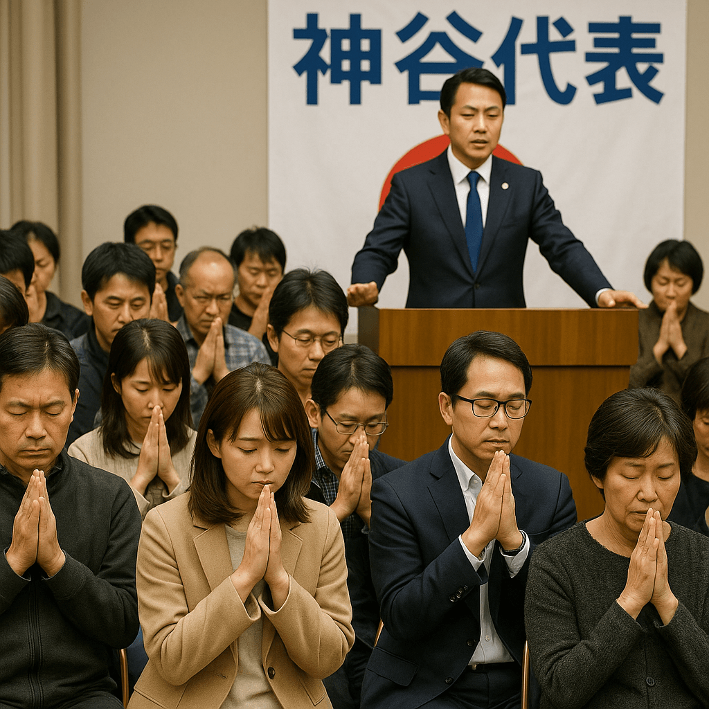 神谷代表の演説会場でお祈りする人々の写真。