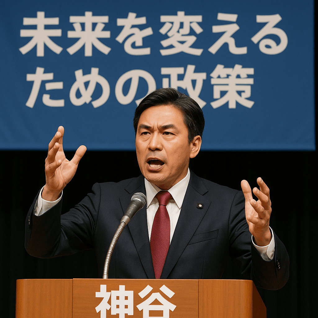神谷代表が未来を変えるための政策を語る演説の様子。