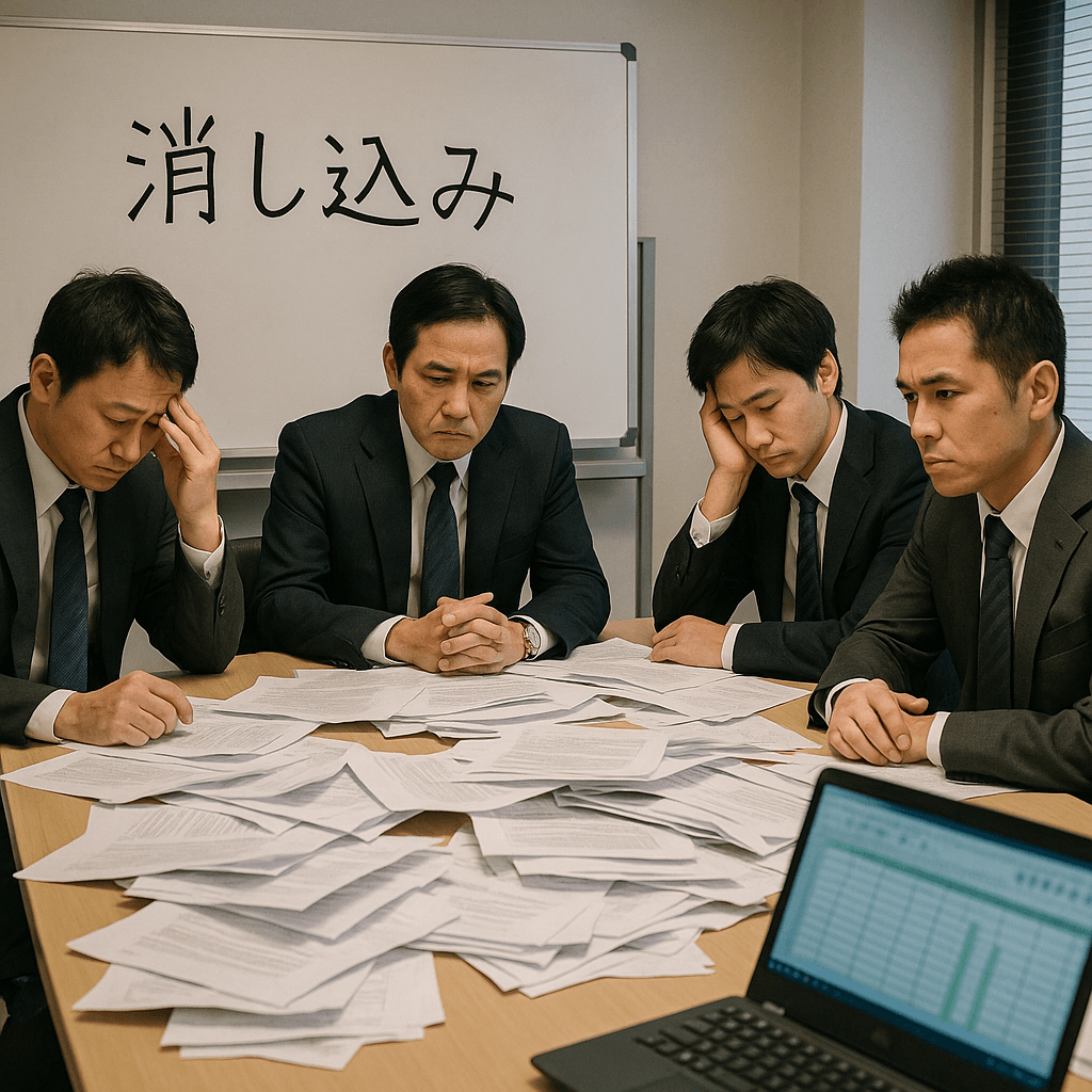 ビジネスマンたちが消し込みに関する会議をしているオフィスの様子