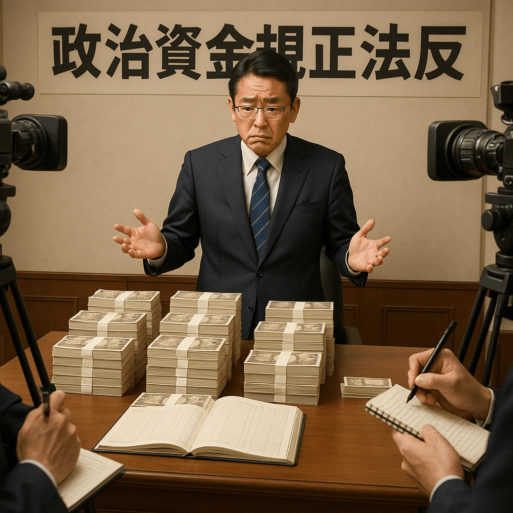 政治資金規正法違反の疑惑に焦る政治家と現金の束が机に置かれた場面を描写した画像。