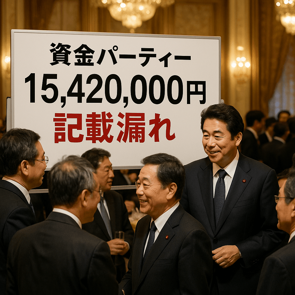 政治資金パーティーの会場で、1542万円の記載漏れがあることを示すホワイトボードが置かれた場面。