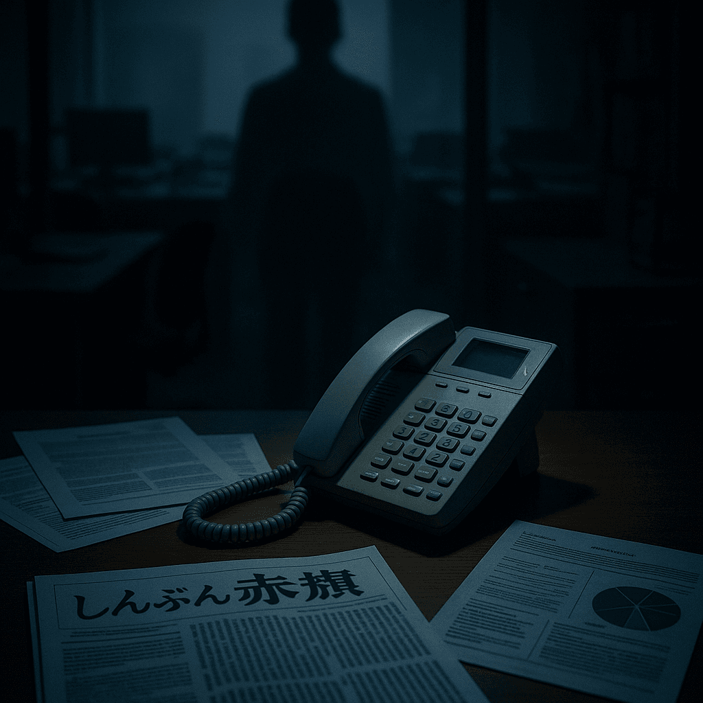深夜の無人オフィスで鳴り響く電話と、背後に映る不可解な人影。