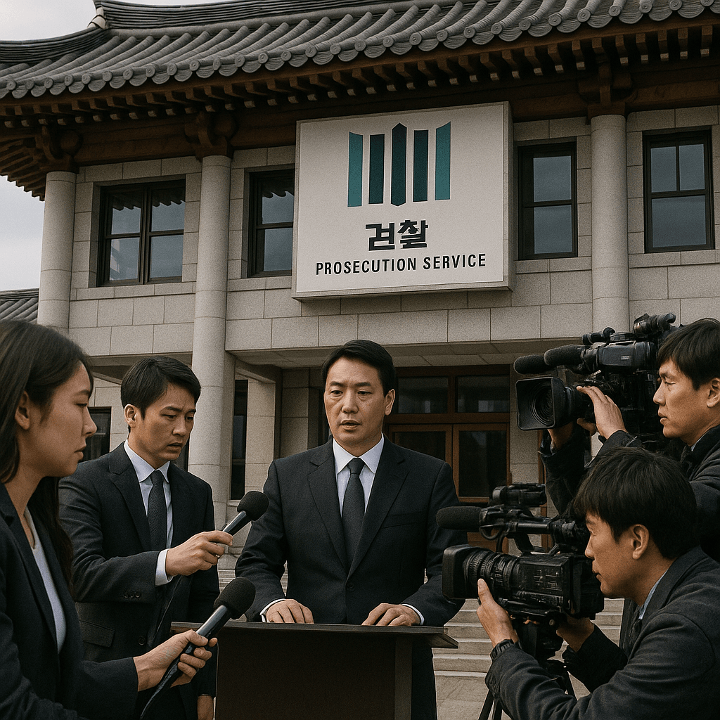 韓国検察庁の前で記者会見を待つ報道陣の緊張感あふれる様子。