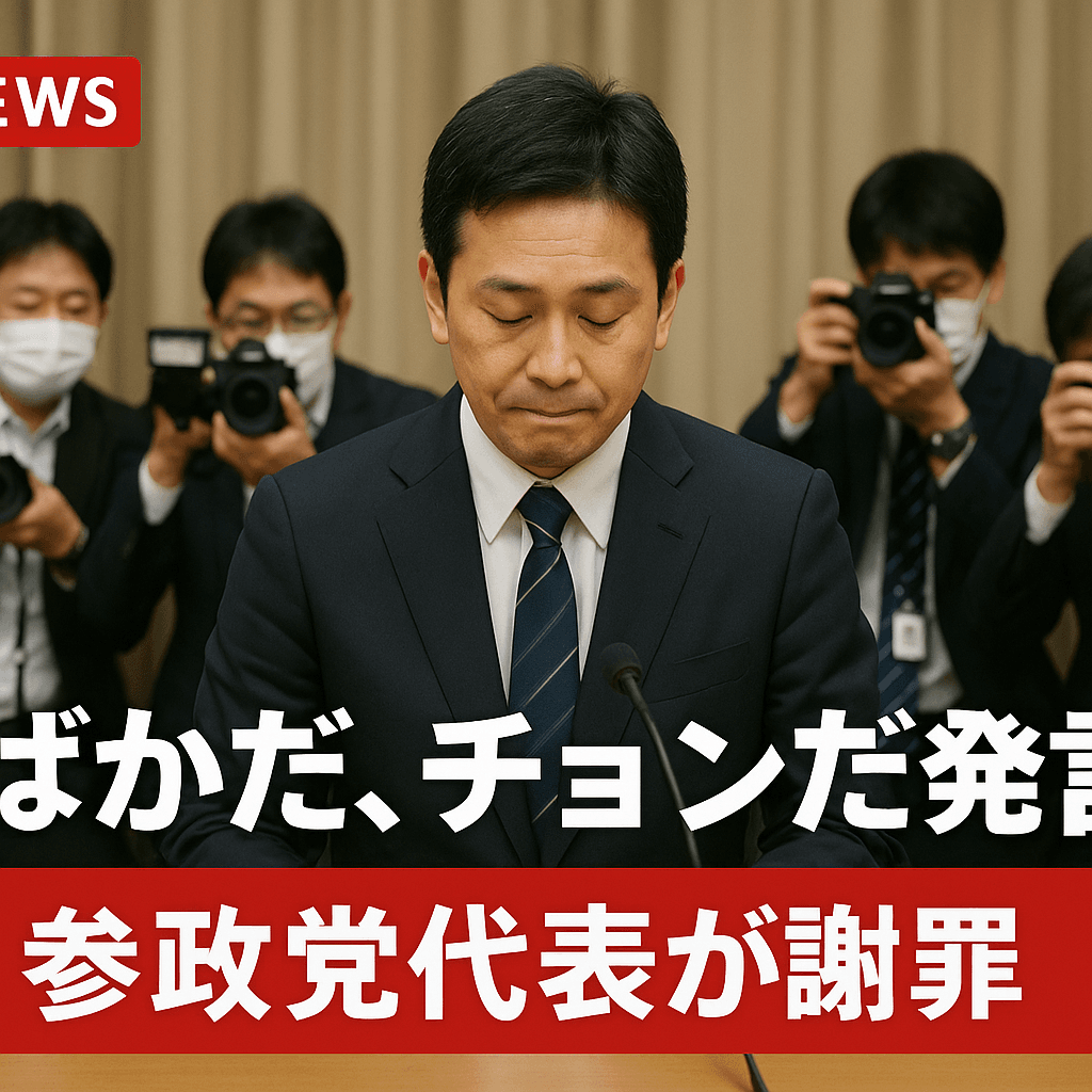 ニュース番組のスクリーンショット風に、謝罪会見を行う参政党代表の様子を写した画像。