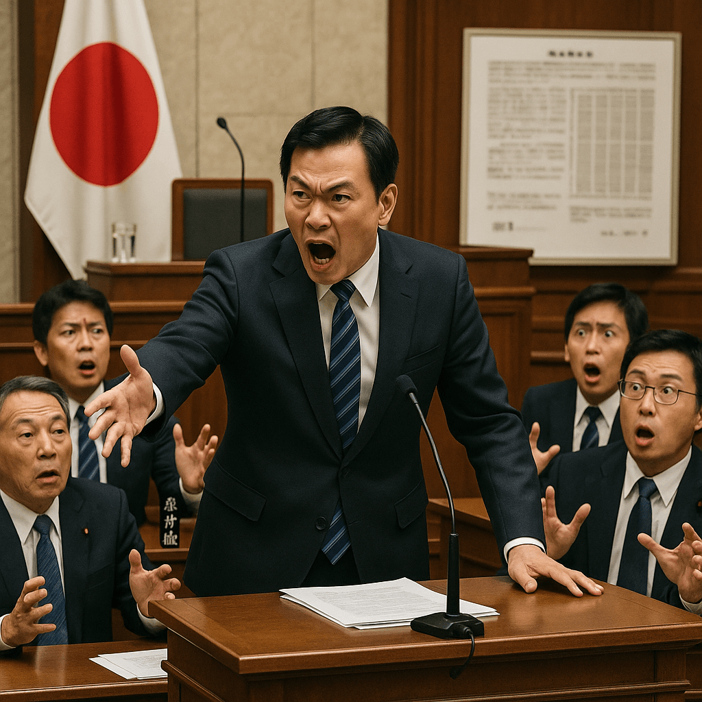日本の議会で問題発言をする政治家と、それに驚く周囲の議員たちを描いたシーン。