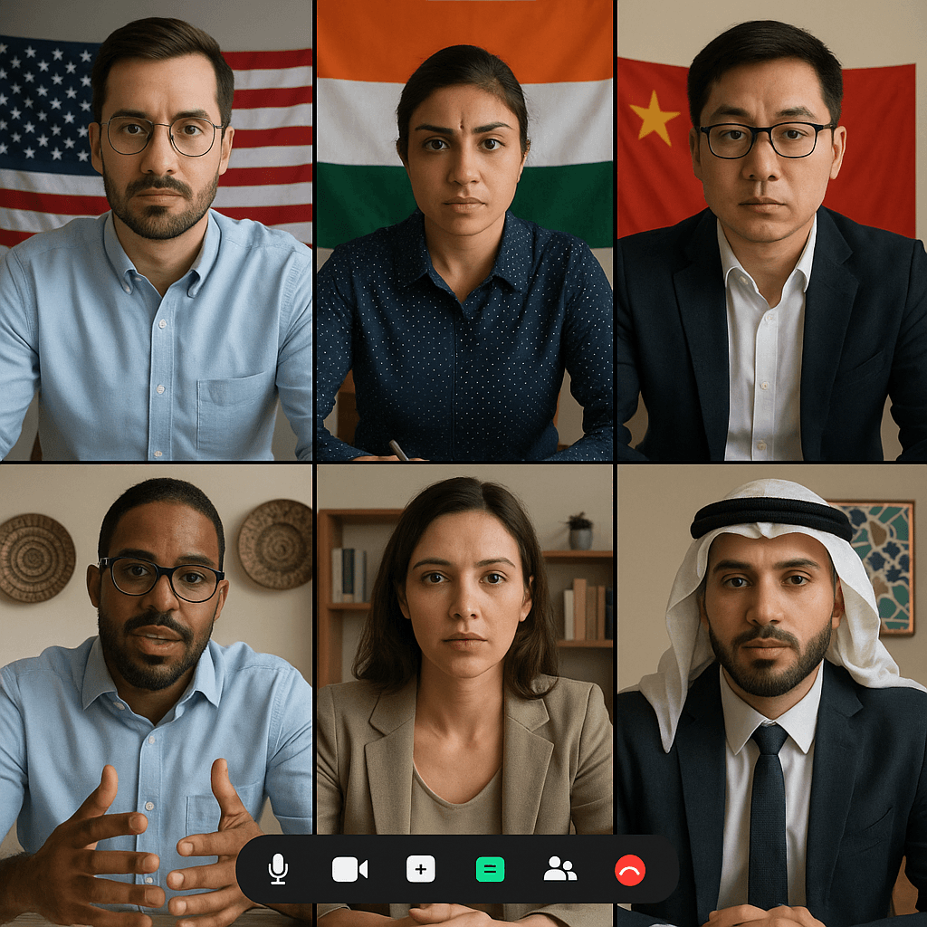 異なる国籍の人々がリモート会議で国際協力をしている様子。
