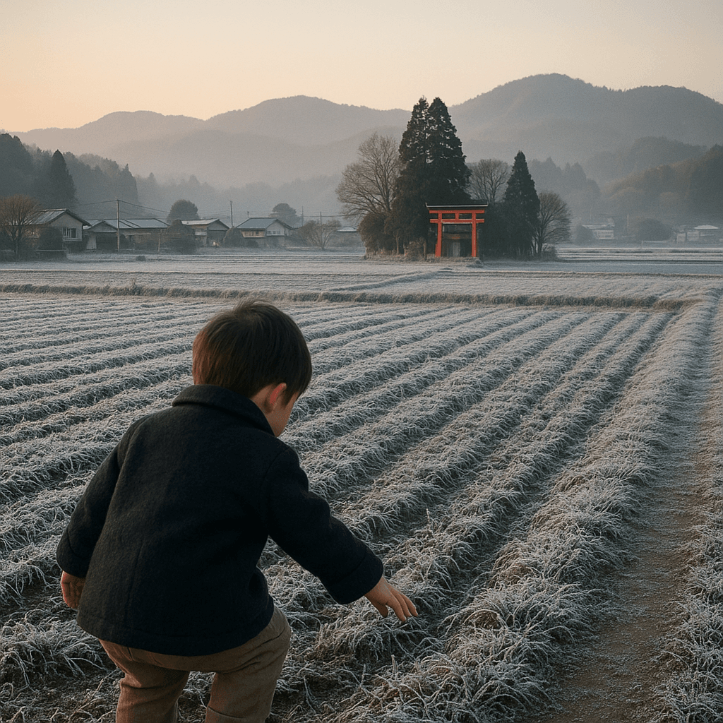 霜が降りた早朝の栃木の田舎風景で、霜月に生まれた特別な子供が霜を触る様子。背景に小さな神社が見える。