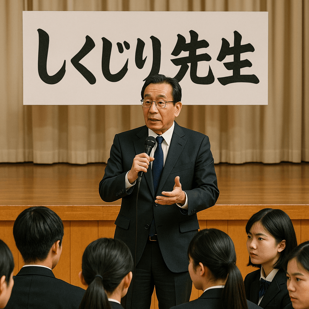 アオキ元社長が高校でしくじり経験を語る講演の様子