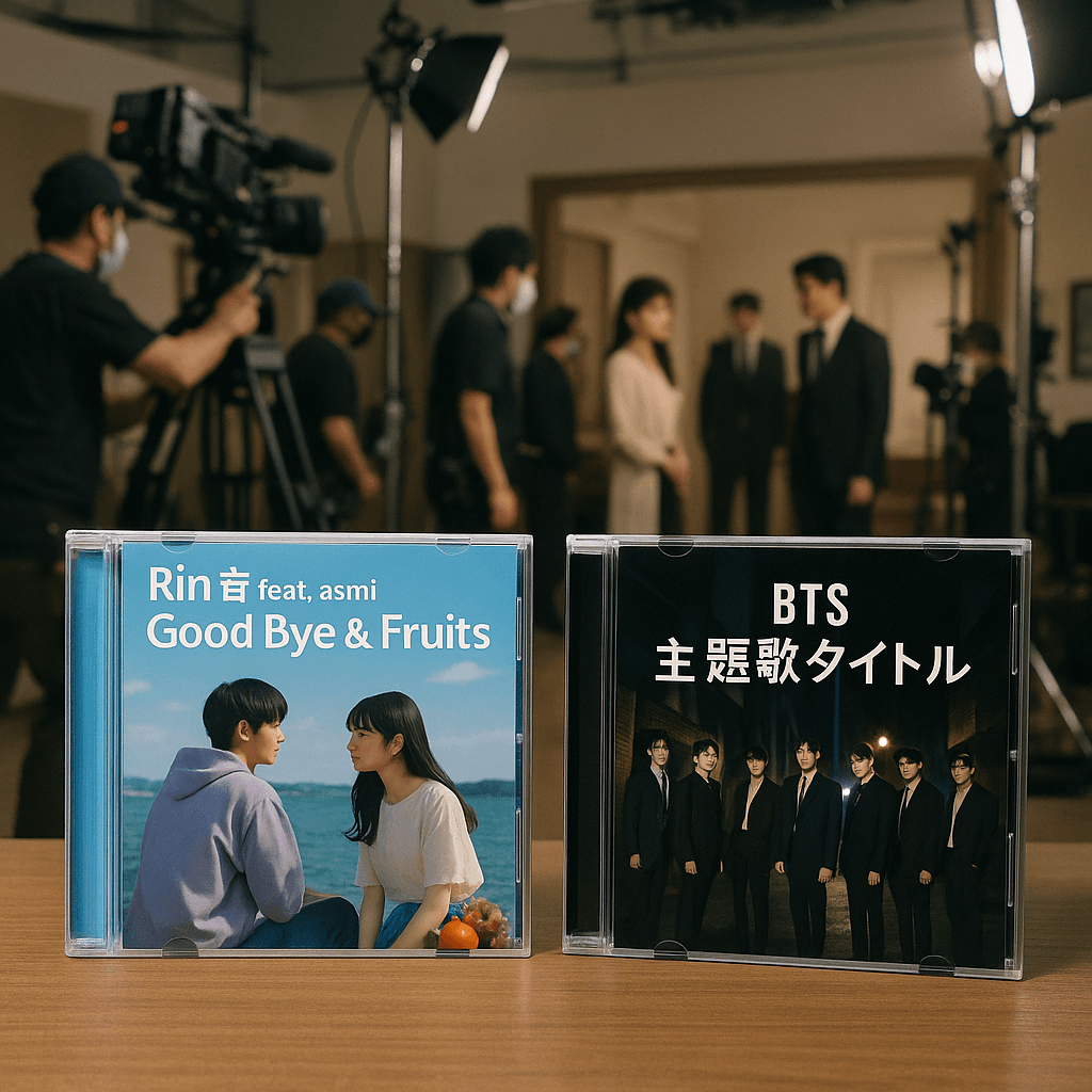 W主題歌として使われる2つの曲のCDジャケットが並んでいるテレビドラマの撮影現場の写真。