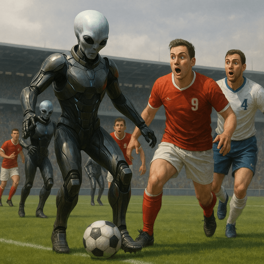 異星人のサッカーチームと地球チームが対戦する試合のシーン。