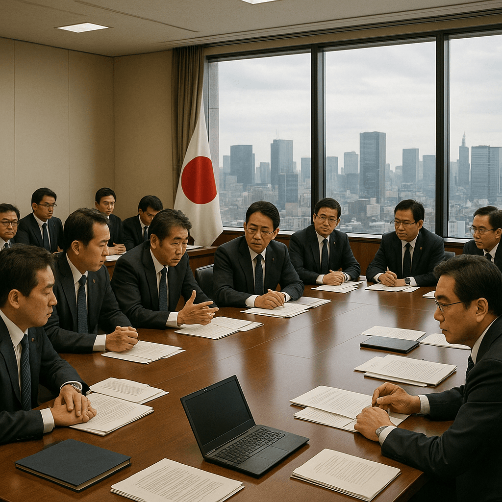 日本の政治家たちが集まって議論をしている会議室のシーン。リアルな政治の舞台裏を切り取った写真。