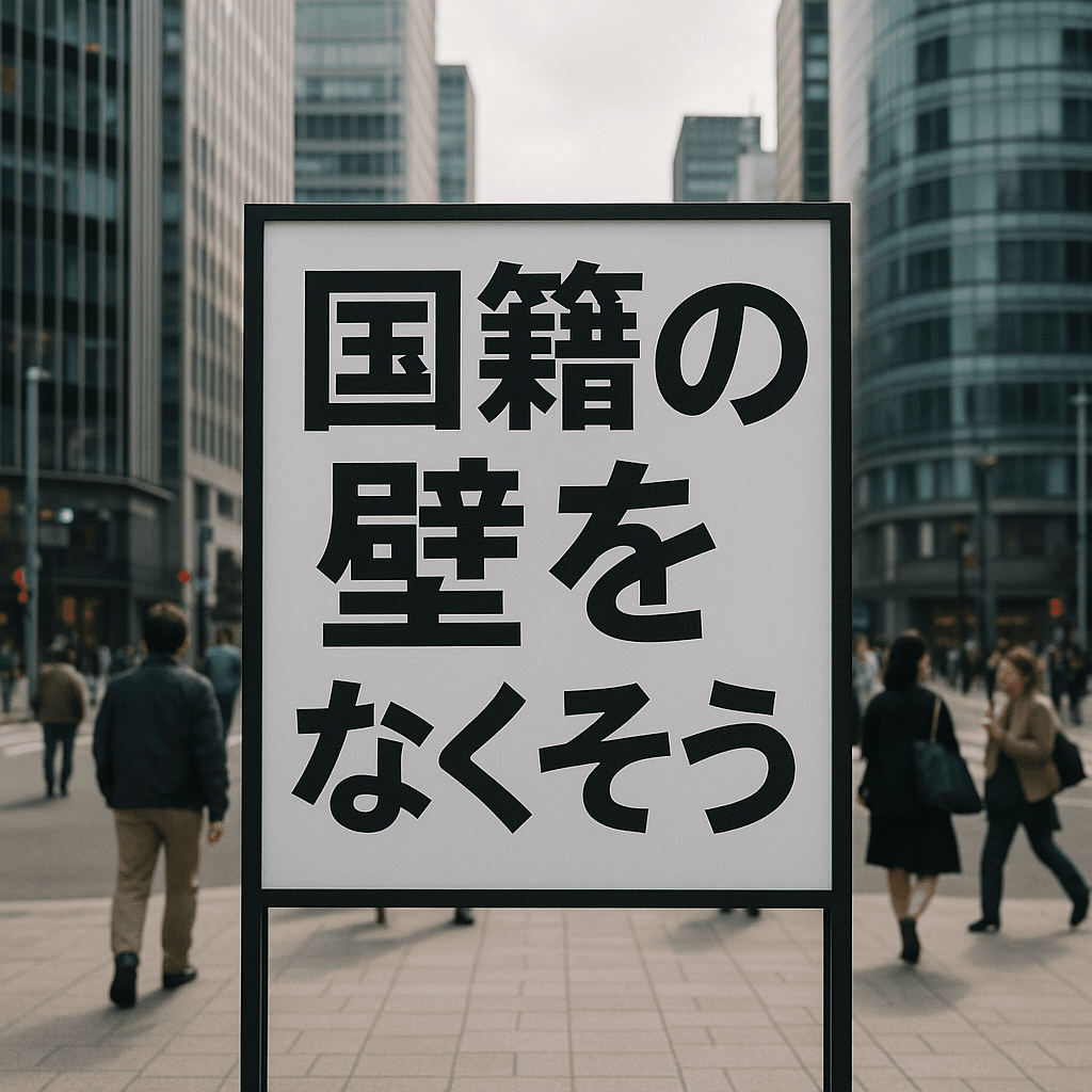 都市の街中に設置された『国籍の壁をなくそう』と書かれた看板の写真。多くの通行人とビルが背景にあり、看板が街の中で際立っている様子を捉えている。