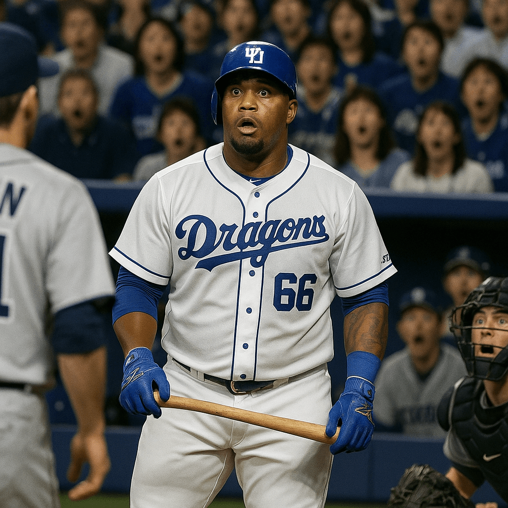 ビシエド選手がバッターボックスに立ち、周囲の選手や観客が驚いている試合中のシーン。