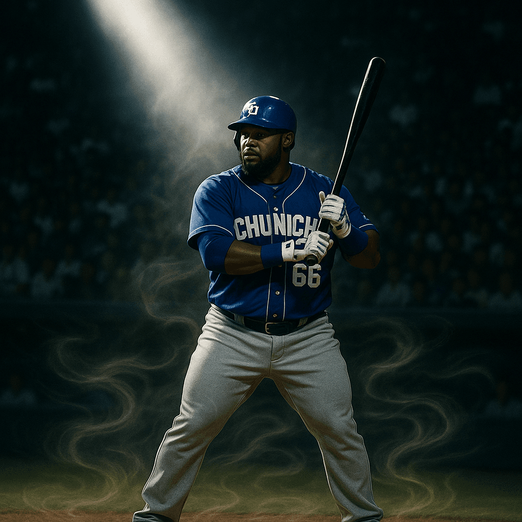 プロ野球の試合中、打席に立つビシエド選手にスタンドから一筋の光が当たっている様子。
