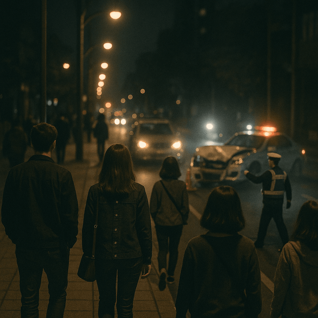 夜の都市の歩道を歩く人々と、その先で発生している交通事故の様子