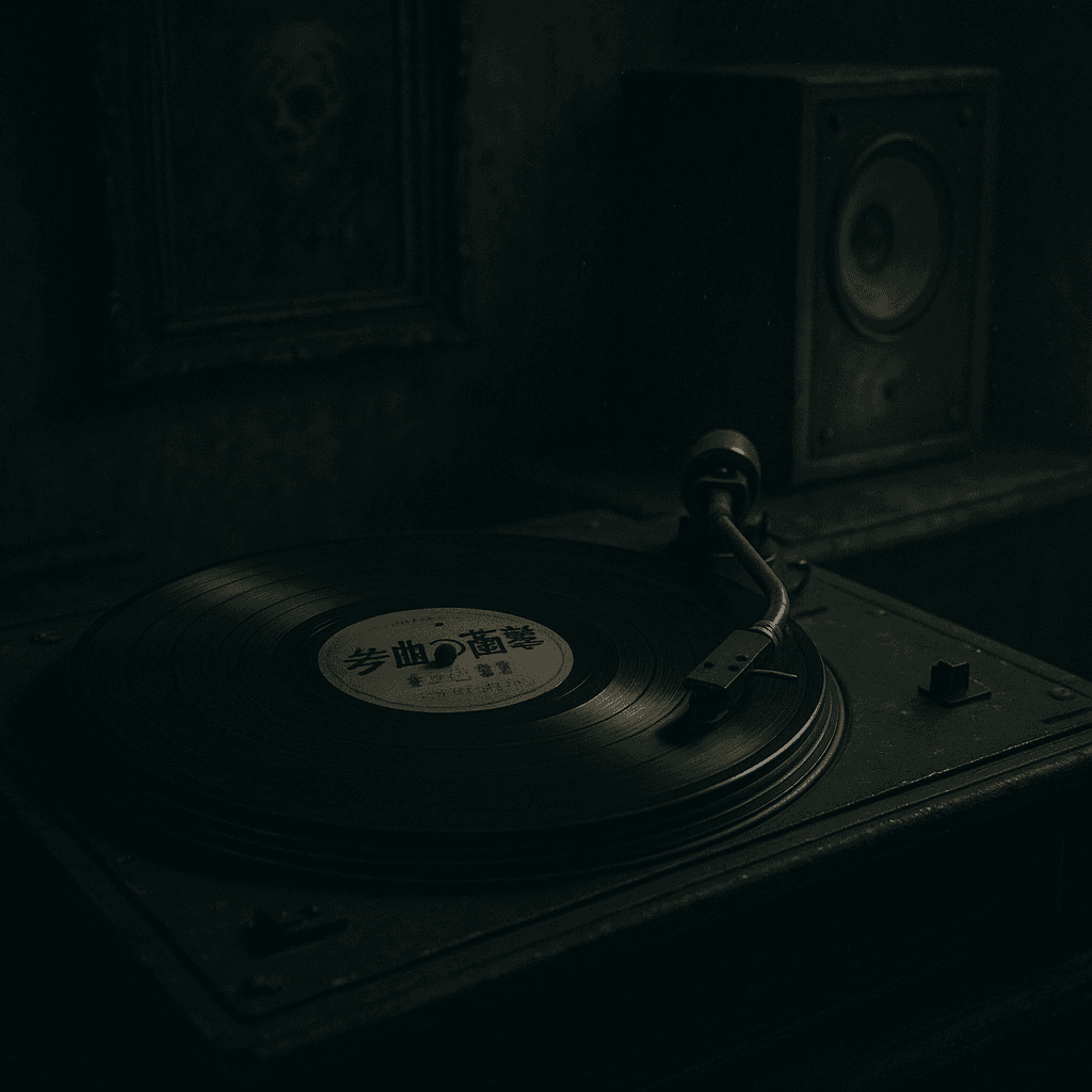 不気味な雰囲気の部屋で、回転する『参曲の衝撃』と書かれたレコード。