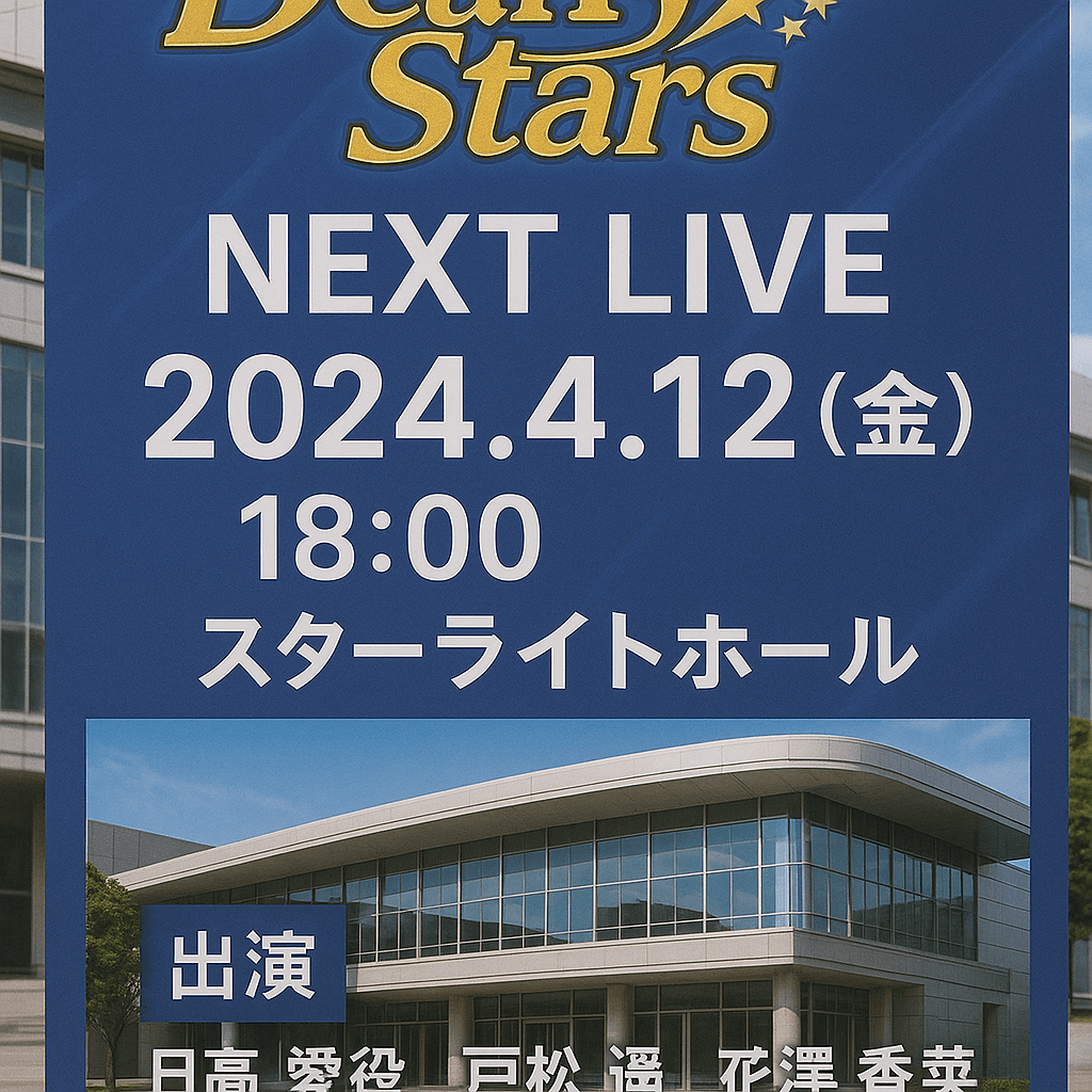 ディアリースターズの次回イベント告知ポスター、新しい会場の外観が背景に写り、詳細情報が記載されている。