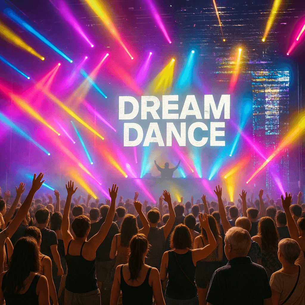 DREAM DANCEイベントの雰囲気を伝える、ステージ上の点滅する照明と多様な年齢層の観客が楽しむ様子を捉えた写真。