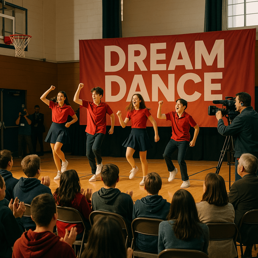 高校の体育館で情熱的に『DREAM DANCE』を披露する高校生たちのダンスイベントの様子。