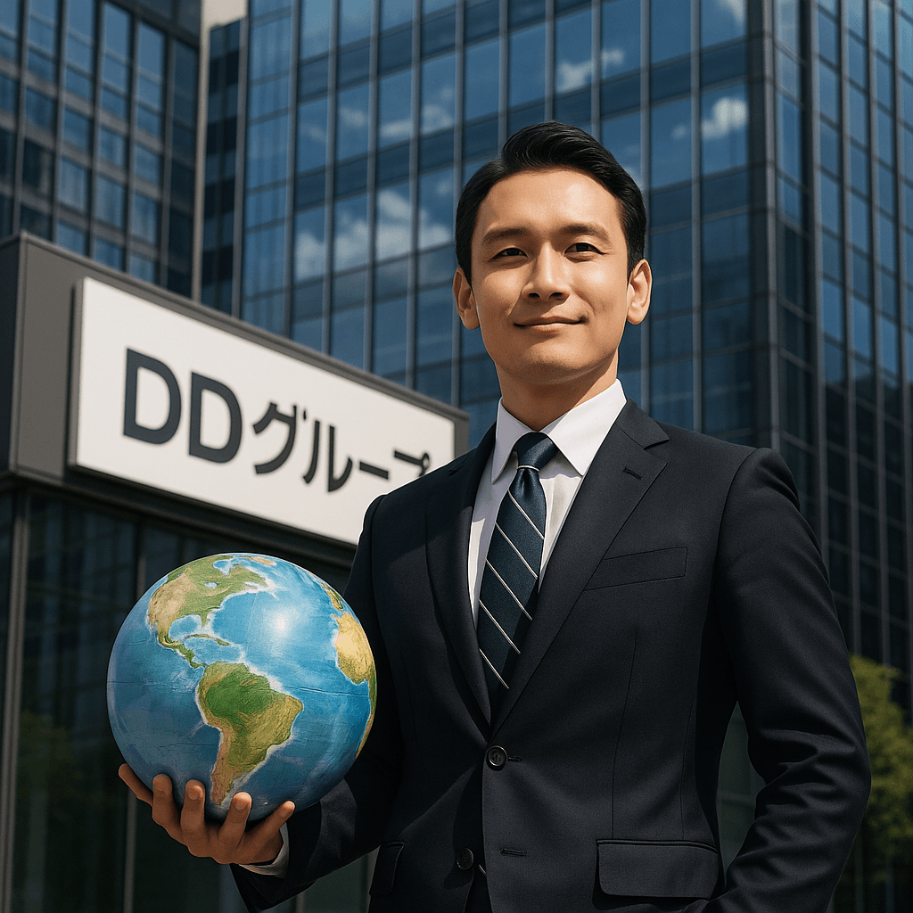 DDグループの国際的な展開を象徴するビジネスマンとオフィスビルの写真。