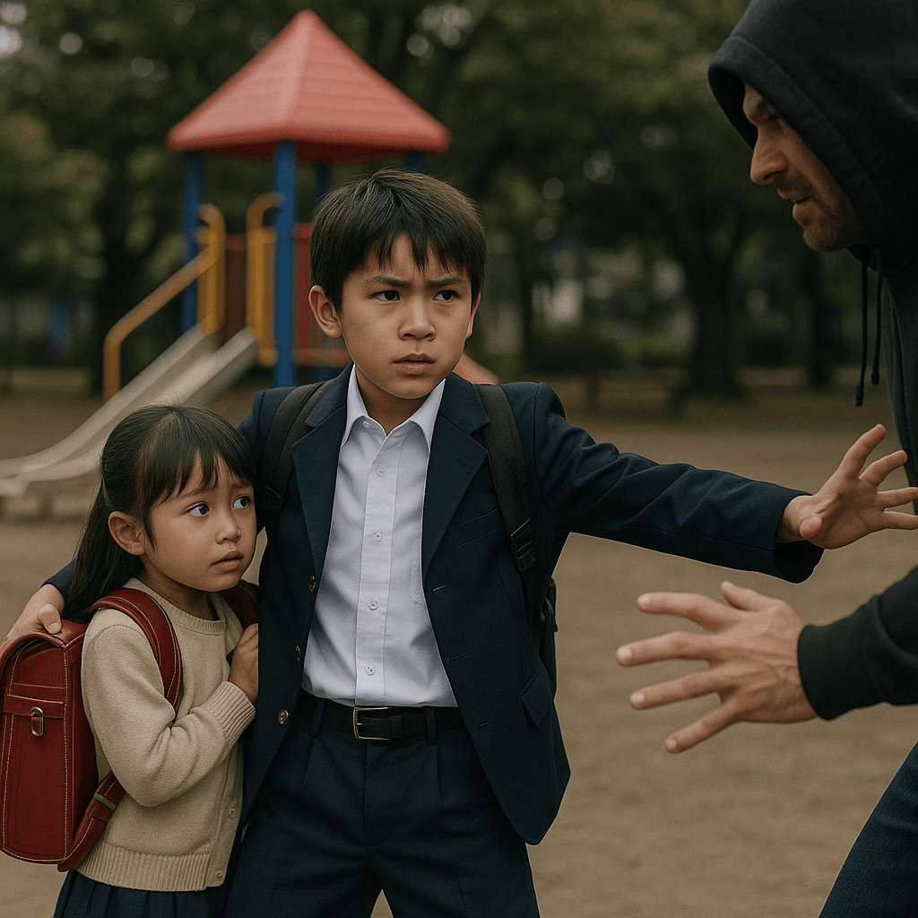 小学生の兄が妹を守るために勇敢に立ち向かう瞬間を捉えた写真。