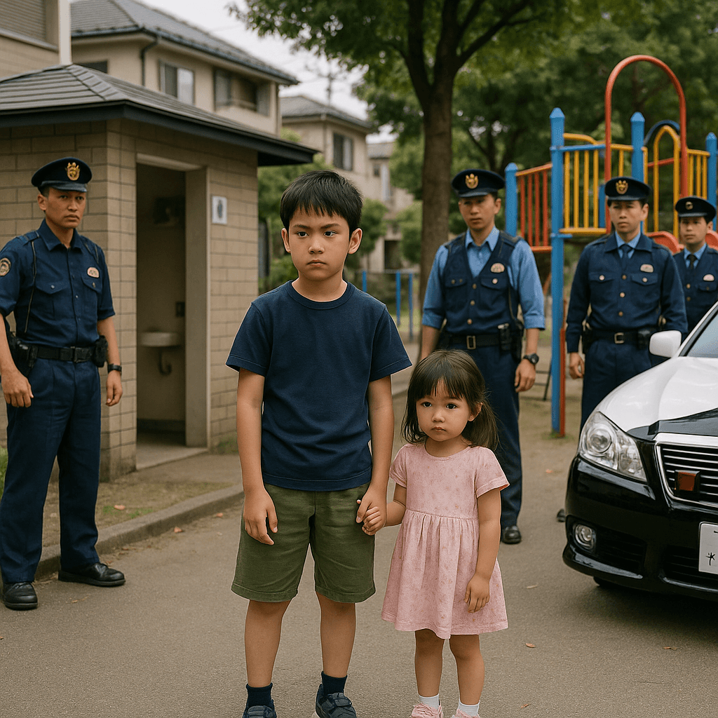 誘拐未遂事件の現場で、妹を守るために立ち向かった小学生の兄と妹の様子。