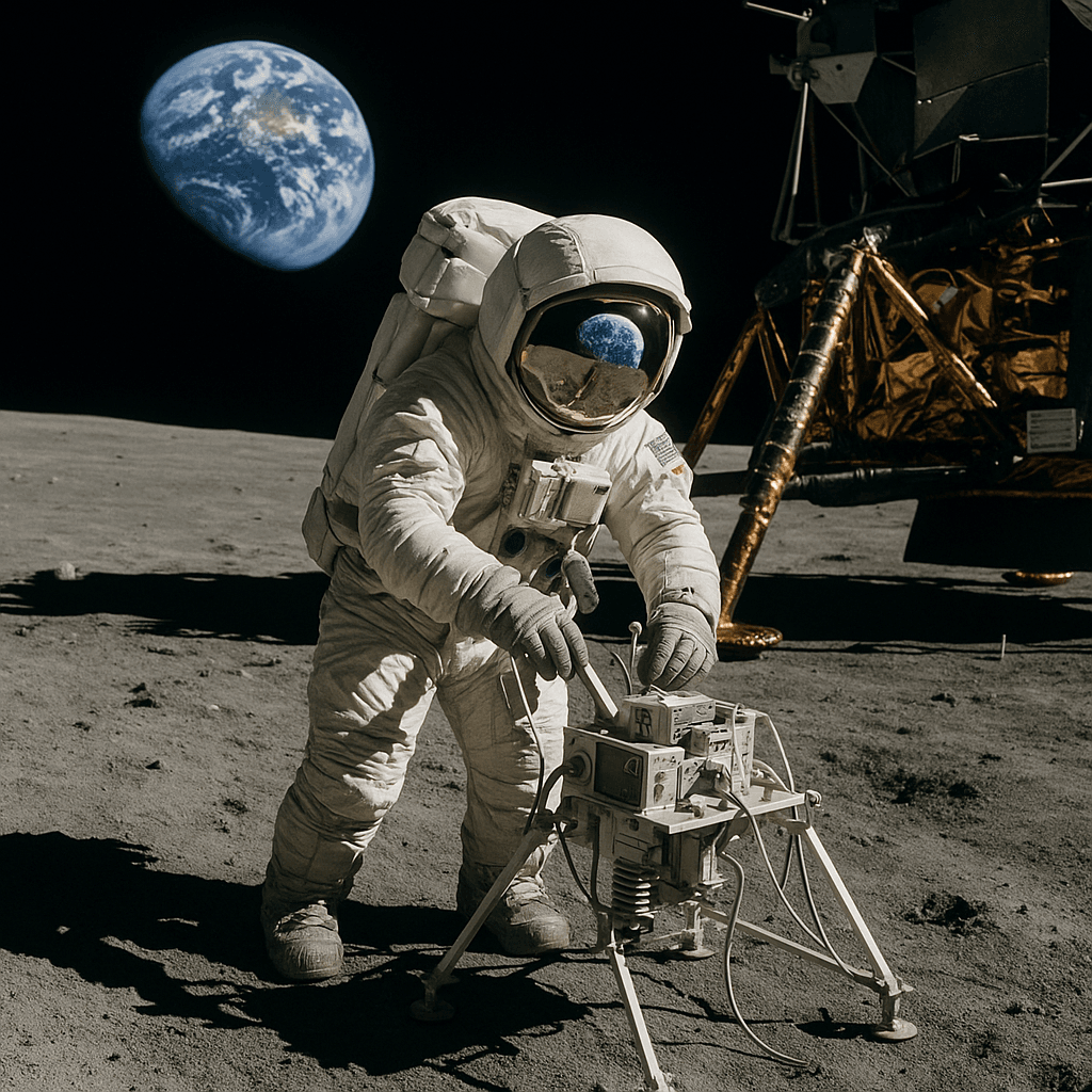 月面で技術的な作業を行う宇宙飛行士とその背後に見える地球の風景。