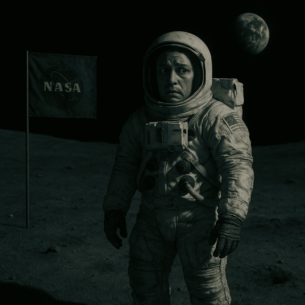 月面に立つ宇宙飛行士が、不思議な体験をしたという噂を象徴するように不安そうに周囲を見渡しているシーン。