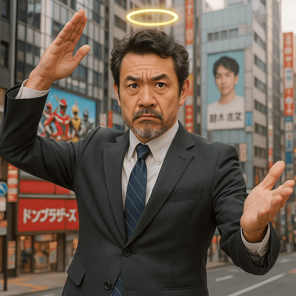 スーツ姿で神様風のポーズをとる中年男性。現代の街中で、威厳とユーモアが絶妙に混ざったシーン。