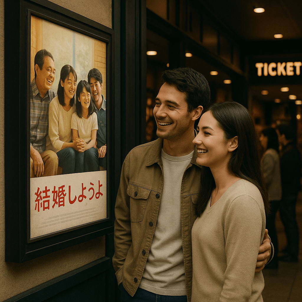 映画『結婚しようよ』のポスターを眺めるカップルが、映画館の前で微笑んでいる様子。