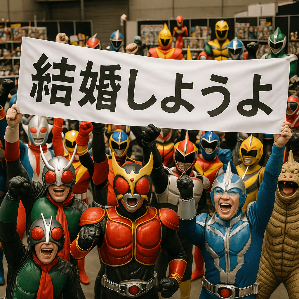 特撮イベントでコスプレした参加者たちが『結婚しようよ』と叫んでいる瞬間を捉えた写真。