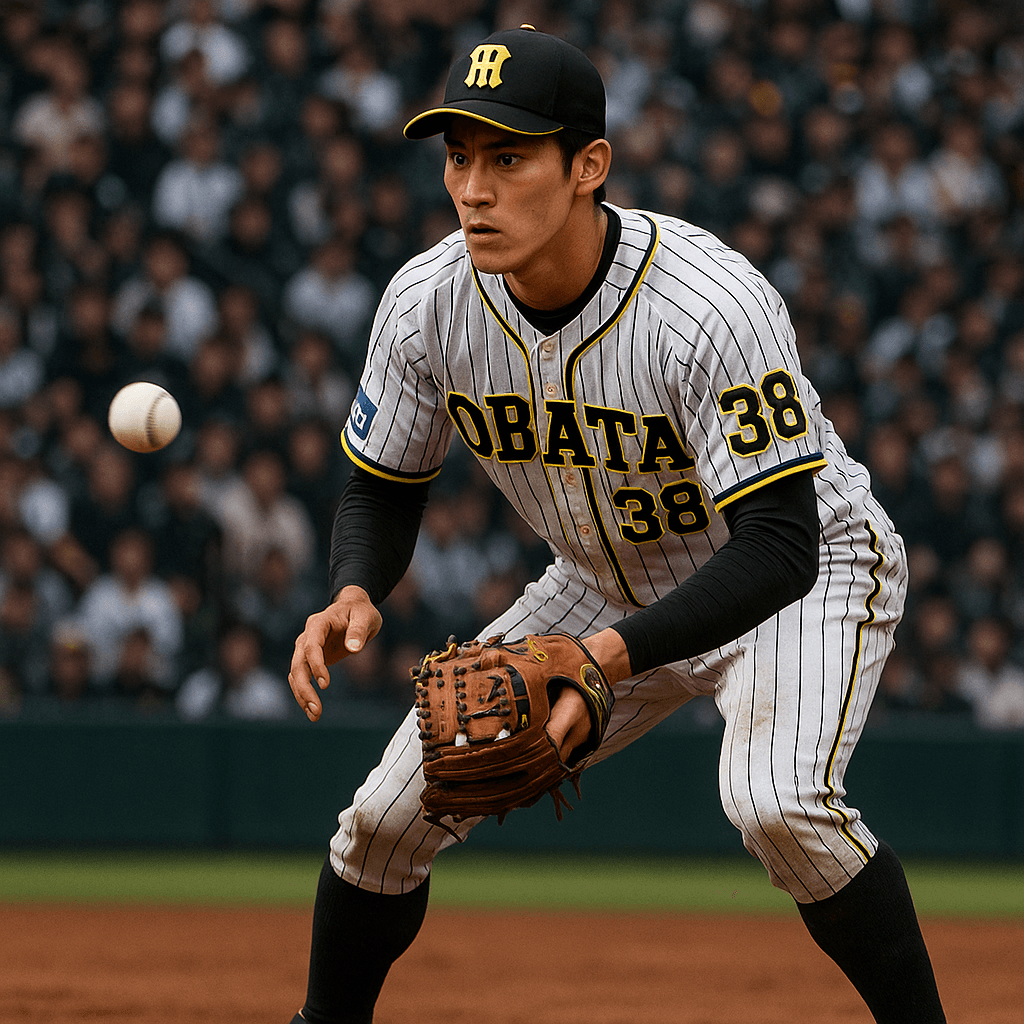 試合中に集中している小幡竜平選手の姿。ショートポジションでのプレーは迫力があり、彼の技術と集中力がうかがえる。