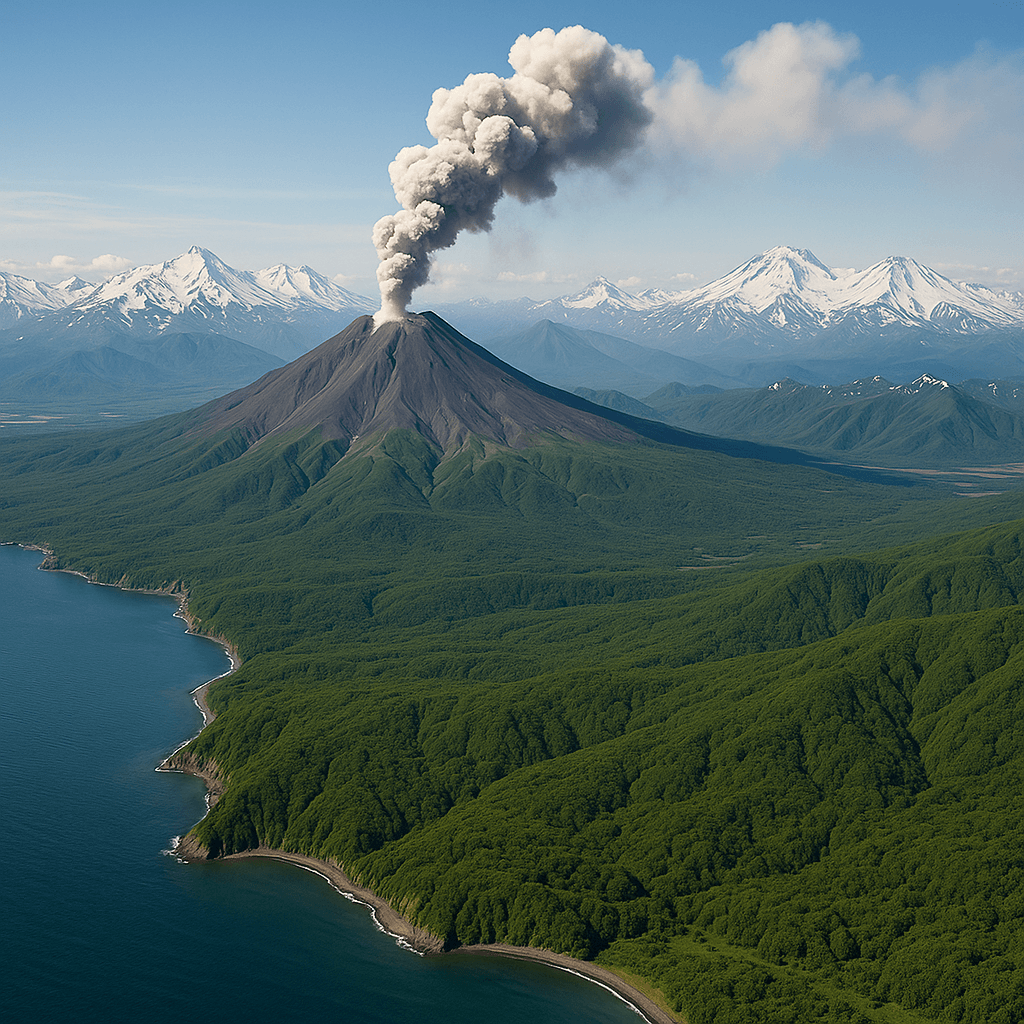 カムチャツカ半島の火山とその周辺の自然を捉えた航空写真。