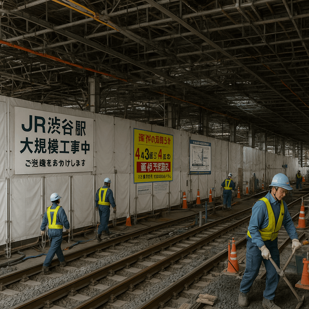 JR渋谷駅で行われている大規模工事中の様子。ホームや線路が囲いで覆われ、作業員が働いている風景。
