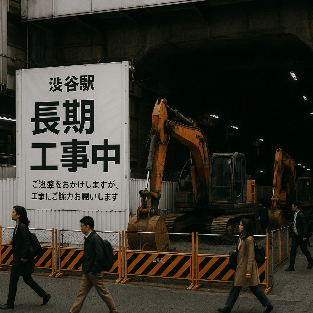 渋谷駅の改修工事中の現場写真。工事現場のフェンス、重機、工事のお知らせポスターが映っている。