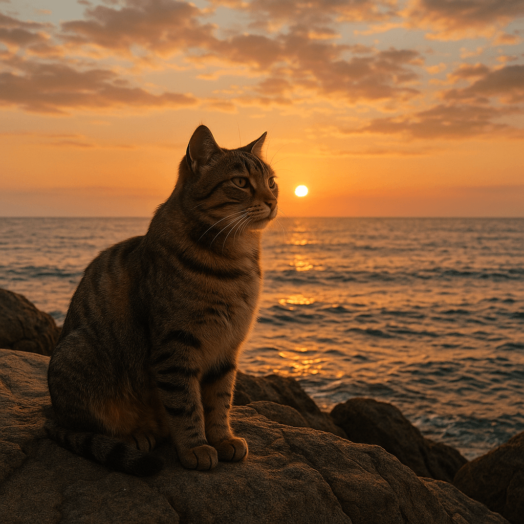 海辺の岩場に座る野良猫が遠くを見つめる姿。夕日の光が海を照らし、猫の神秘的な雰囲気が漂うシーン。