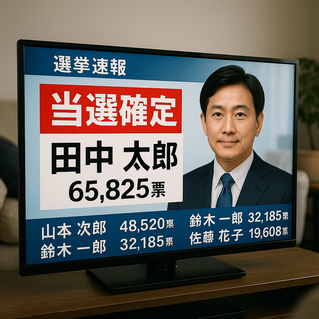 選挙速報のテレビ画面に「当選確実」と表示された様子
