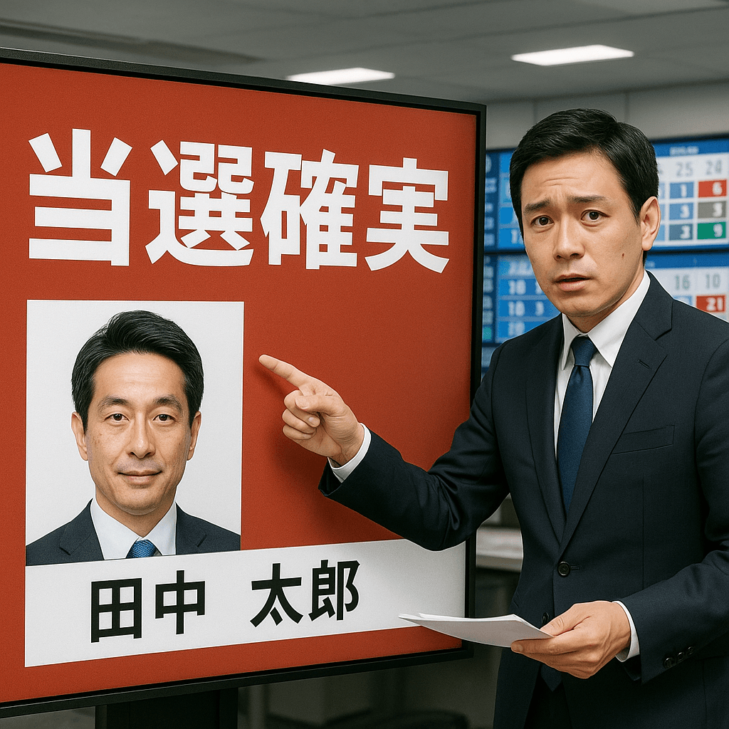 選挙速報のスタジオで、『当選確実』の文字を指し示すアナウンサーの様子。