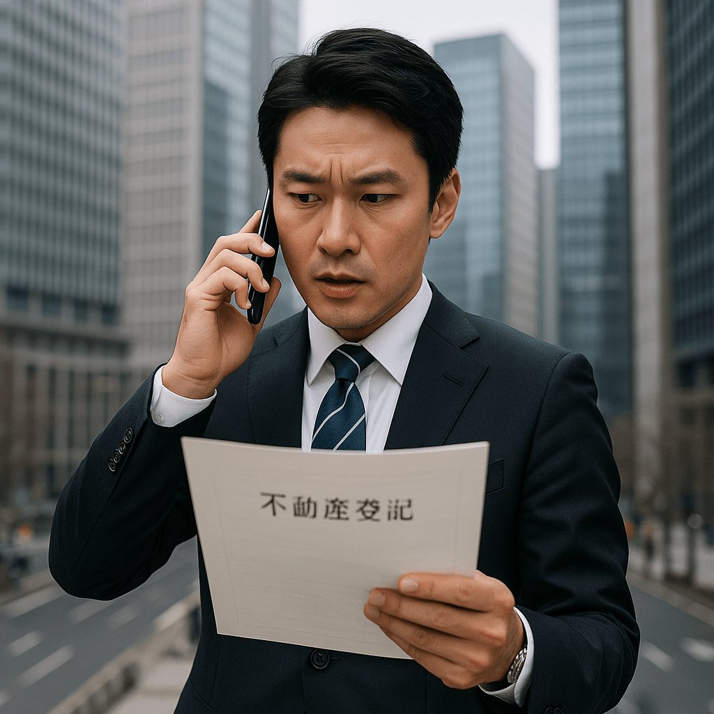 東京都内のオフィス街で、不動産トラブルに対応するアナウンサーの姿。