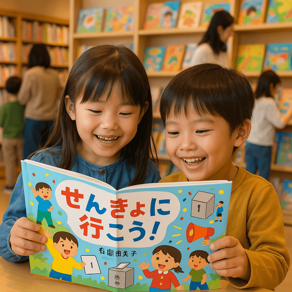有働由美子の絵本『せんきょに行こう!』を楽しむ子供たちの様子。