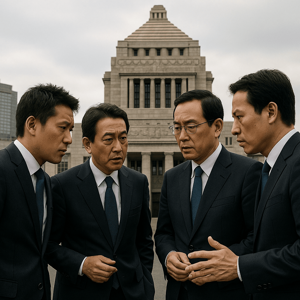 国会議事堂の前でスーツ姿の政治家たちが真剣に話し合う様子を捉えた写真。政治空白を避けるために議論している場面を示唆する。